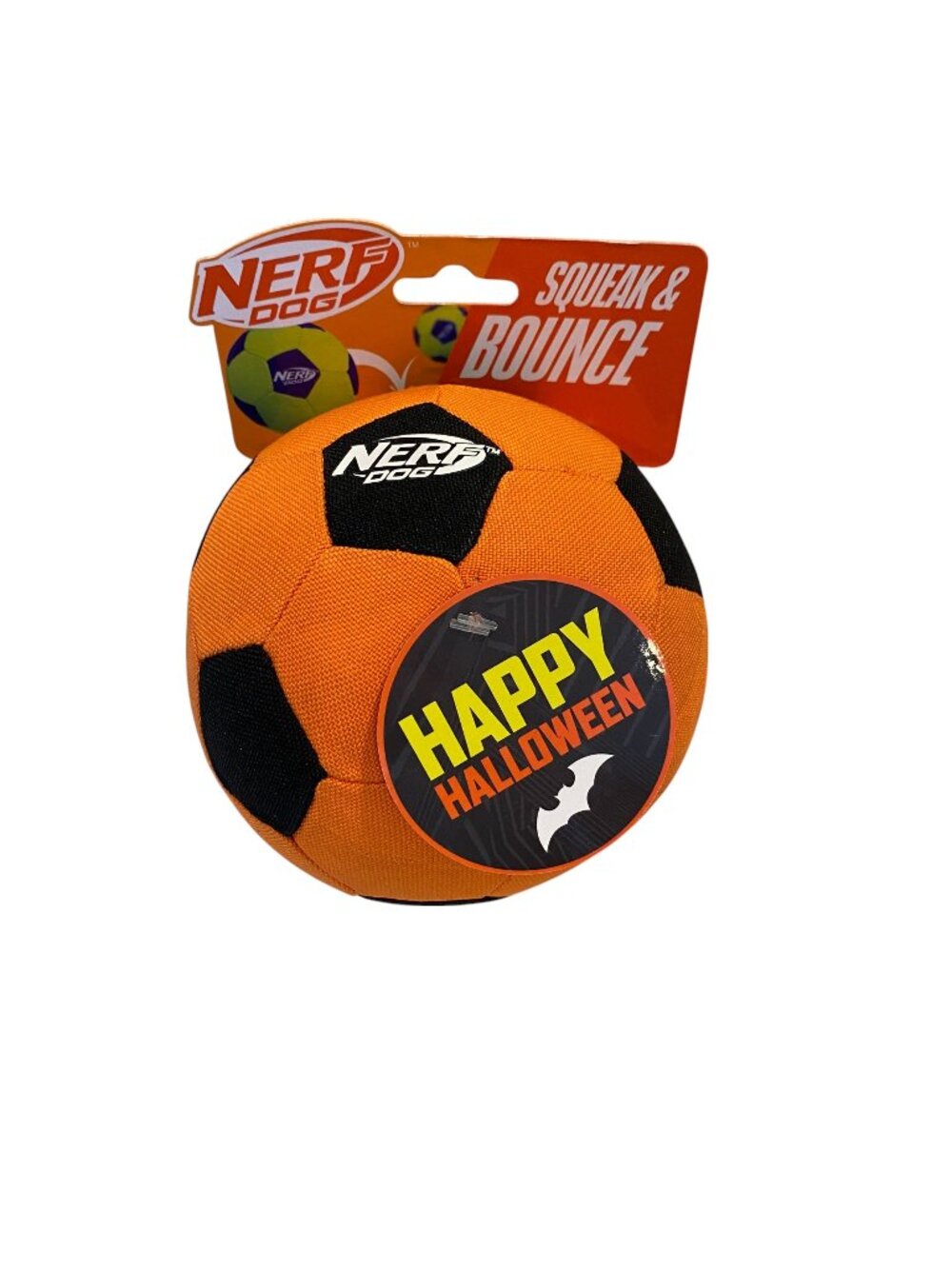 NERF DOG Halloween Squeak & Bounce 5" Orange Black Plaid Ball